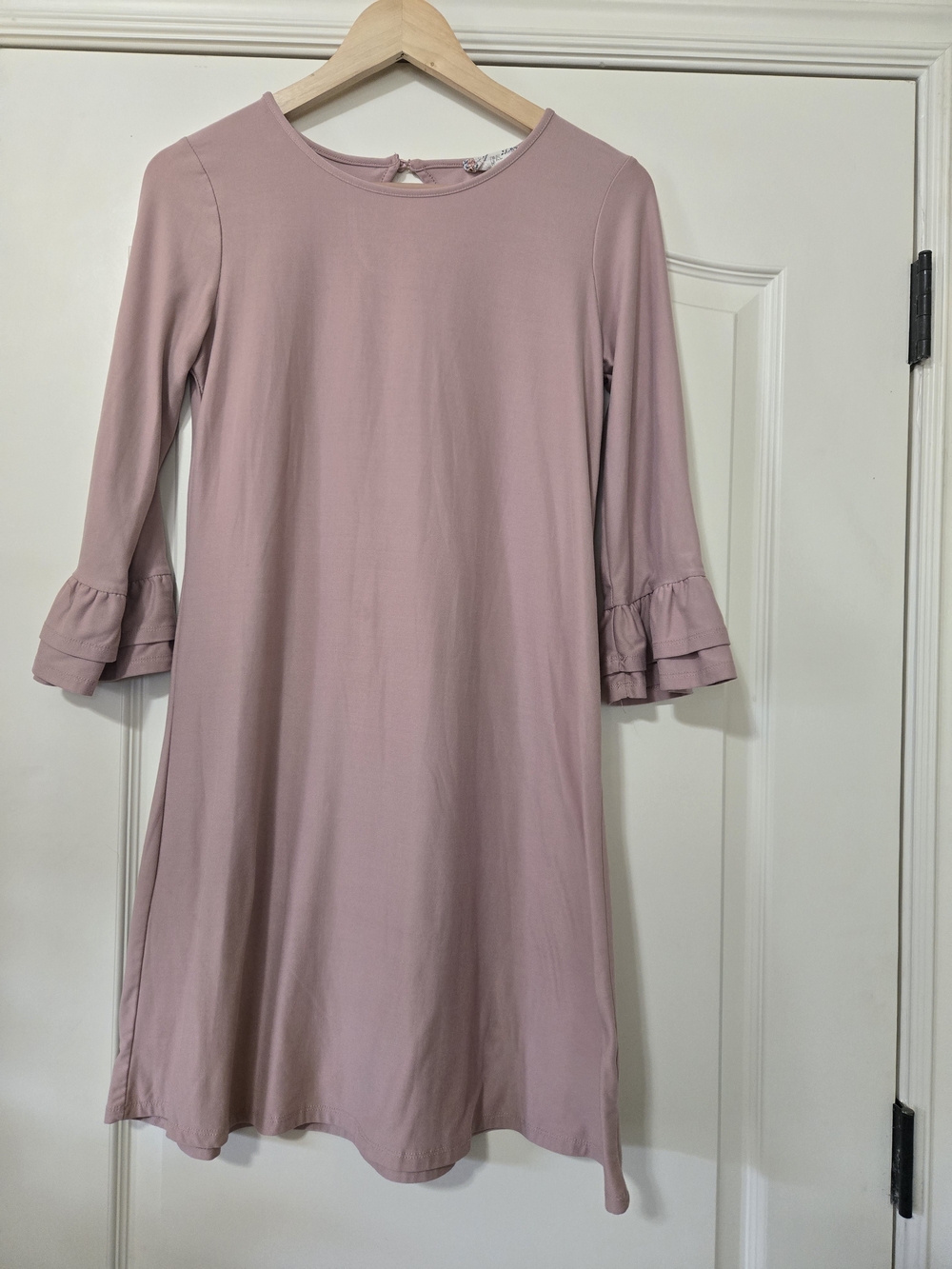 Pink Rose Dusty Pink Cozy Feminine Fall Soft Ruffle-Sleeve Midi Dress